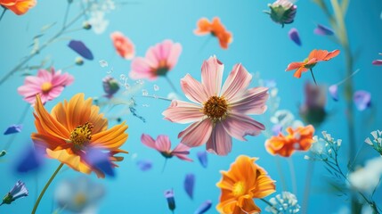 Bright flowers floating in the air on a blue background.