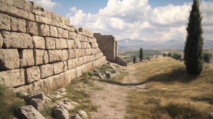 Ancient stone wall path through a dry landscape