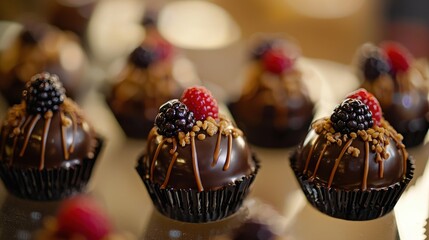 Gourmet chocolate cupcakes with fresh berries and sprinkles detail. Showcasing luxury desserts and ideal for bakeries, cafes, or food blogs.
