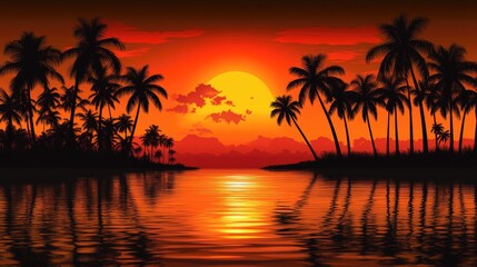 Tropical sunset silhouettes reflected on water