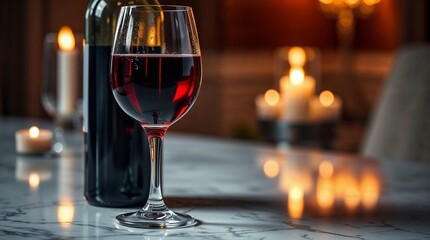 Red wine glass with a romantic ambiance and soft candlelight reflections on a marble table
