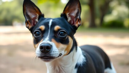 Portrait of a Rat Terrier with bright dark eyes, short and smooth coat, relaxed expression, natural lighting creating a warm glow, plain blurred background, calm and composed demeanor