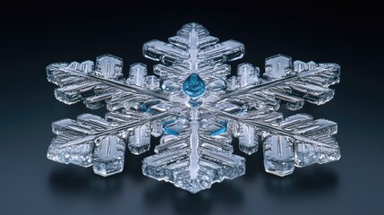 Detailed macro snowflake, ice crystal, intricate structure,  against dark background, detailed close-up image of a beautiful snowflake