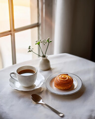 A cozy coffee setup with a cup of coffee, a spoon, and a small plate with a pastry, placed on a clean white tablecloth. Natural light coming from a window creates a relaxing atmosphere.