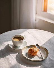 A cozy coffee setup with a cup of coffee, a spoon, and a small plate with a pastry, placed on a clean white tablecloth. Natural light coming from a window creates a relaxing atmosphere.
