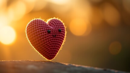 Obraz premium a crochet heart in red and smily face with sunshine in background