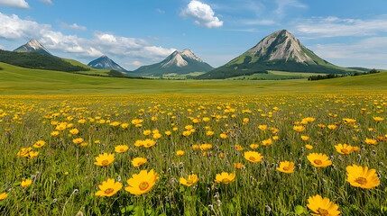 Yellow wildflowers bloom in a vast meadow, mountains under a blue sky; nature scene