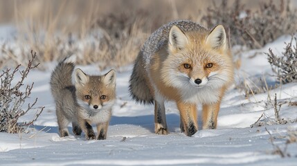 Fototapeta premium Fox Family Winter Walk Prairie Snow