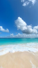 Fototapeta premium A serene beach scene with clear blue skies and turquoise waters, 
