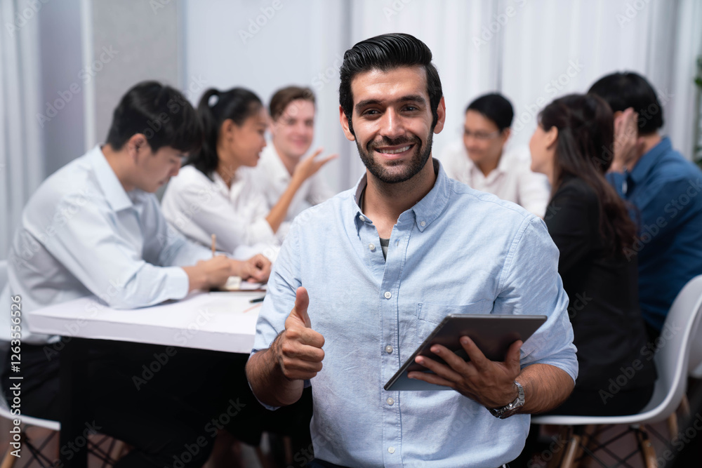Aufkleber confidence and happy smiling businessman portrait with background of his colleague and business team