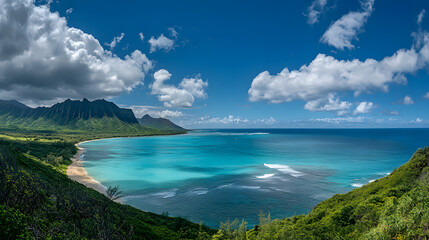 Fototapeta premium A serene beach scene with clear blue skies and turquoise waters, 