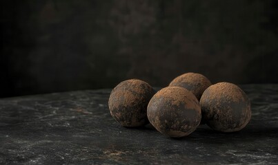 Gourmet chocolate truffles dusted with cocoa powder, arranged on a dark slate surface, their textures rich and decadent under soft light