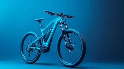 Fototapeta premium Modern electric mountain bike removed in a studio on a blue background. The bicycle looks stylish and technologically advanced, with bright details and powerful tires.