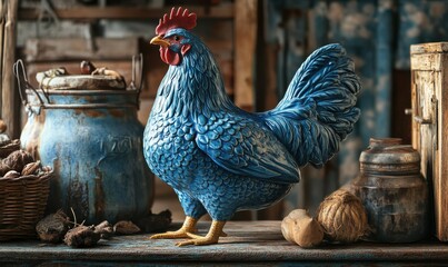 Vibrant blue ceramic chicken sculpture surrounded by rustic farmhouse elements, styled for a whimsical country aesthetic
