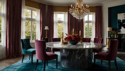  Elegant dining room with marble table, jewel-toned velvet chairs, grand chandelier, and luxurious accents