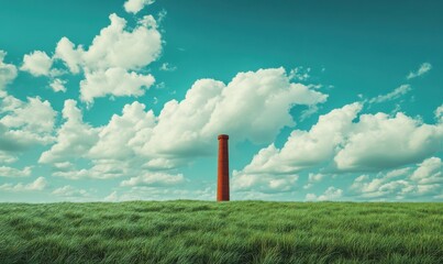 Lone chimney standing tall in a meadow of vibrant green grass under a sky filled with fluffy white clouds, creating a peaceful rural scene