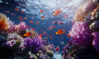 Obraz premium Vibrant coral reefs glowing underwater, schools of colorful fish swimming in the clear ocean depths.