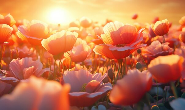 Vibrant field of poppies illuminated by golden sunlight, styled to evoke feelings of serenity and natural beauty