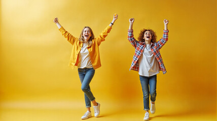 Two women joyfully celebrating success. Friends cheering together. Excitement on yellow background. Happiness and achievement.