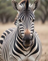 Naklejka premium Male Zebra with Bold Stripes and Focused Gaze in a Softly Blurred Savannah Setting