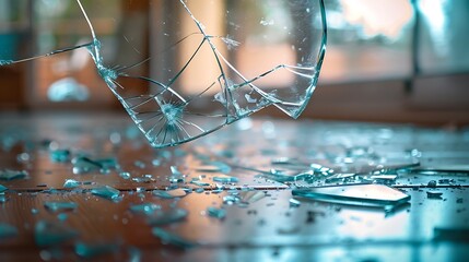 Close-up of broken mirror shards on the floor, soft-focus background, natural light, bokeh effect, sharp detail.