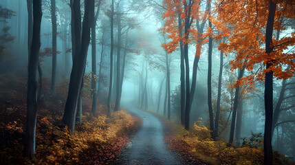 Atmospheric Mystical Forest in Dreamy Blue Fog - Scenic Autumn Path with Vibrant Orange Leaves, Tranquil Woodland Scene, Concept of Journey & Escape