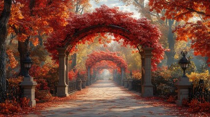 Autumnal archway path through park. Scenic fall foliage.  Possible use Stock photo for autumn, nature, parks, or architecture