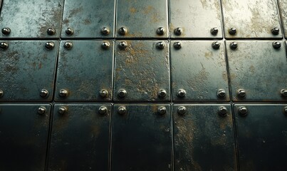 Fototapeta premium Shimmering metallic surface with intricate rivets and rust, highlighting industrial texture and depth
