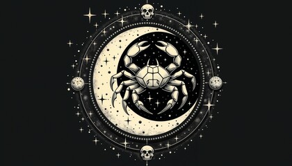 Obraz premium Mystical crab illustration within crescent moon with occult symbolism