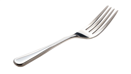 Silver fork and knife on a white background with shiny stainless steel cutlery.