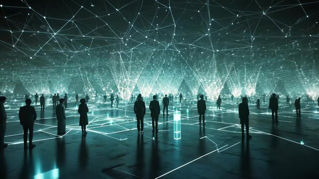Futuristic digital network with silhouettes, technology, data, artificial intelligence, connection