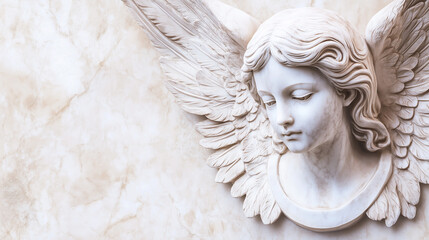 A banner for a funeral agency featuring a marble head of a sad, grieving angel. Space for text.