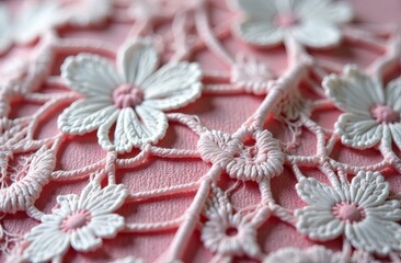 intricate white floral embroidery on pink fabric