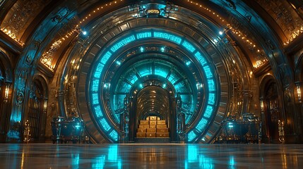 Obraz premium Futuristic portal in ornate palace; treasure chamber background; sci-fi film scene
