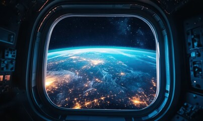 Spacecraft window framing the glowing Earth with dazzling clarity, capturing the wonder and beauty of our fragile planet.