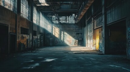 Sunbeams illuminate a derelict industrial building's graffiti-covered interior.