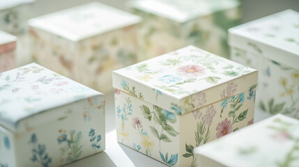 Biodegradable boxes with eco-friendly prints, studio soft lighting, eco-chic theme, close-up product photography