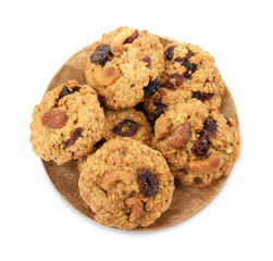 Delicious oatmeal cookies with dried cranberries and nuts isolated on white, top view