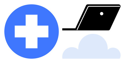 Obraz premium Blue medical cross, black laptop, light blue cloud. Ideal for digital healthcare, telemedicine, online consultations, cloud storage, mobile health apps tech innovation remote monitoring. Abstract