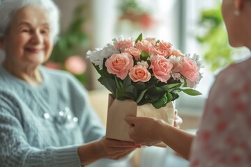 Senior receiving a beautifully arranged bouquet of pink roses and white flowers as a gesture of love and appreciation