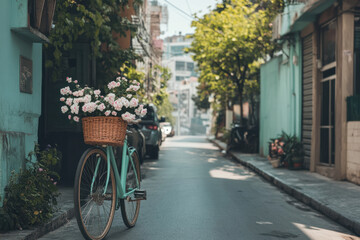 Fototapeta premium Quaint street view with vintage bicycle adorned with flowers under soft sunlight in a peaceful neighborhood