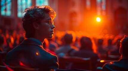 Fototapeta premium Man with curly hair and glasses in a dimly lit auditorium bathed in warm orange light from stage spotlight