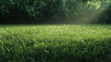 Fototapeta premium Sunlit green grass field, nature background.