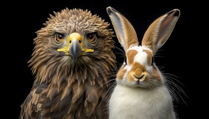 Obraz premium Eagle. Hare. Birds of Prey and Rabbits Together. Wild Animals Isolated on Black Background