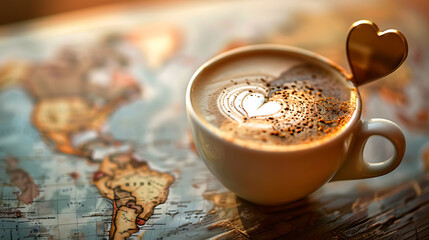 Cup of coffee with heart shape on the world map background.