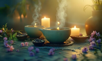 Tea and spa essentials arranged on a textured surface with candles, flowers, and ceramic bowls, creating a soothing wellness aesthetic.