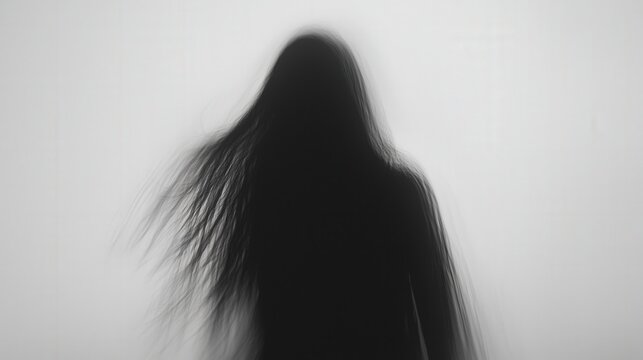 Blurred silhouette of a person with long hair against a white background symbolizing anonymity and mystery. Perfect for suspense, thriller, or psychological themes.