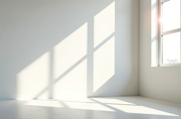 Fototapeta premium bright and airy white room with geometric shadows from window. minimalist modern interior design. concept of simplicity, tranquility, natural light.