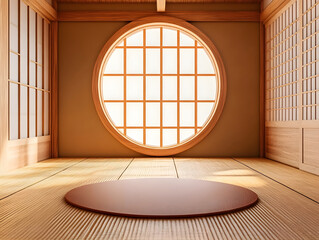 Tranquil Japanese Interior: Circle Window, Tatami Floor, Wooden Design, Natural Light - Concept of Serenity, Zen Home, Minimalist Living, Peace & Japanese Culture