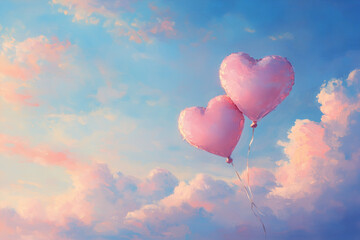 Fototapeta premium Two Pink Heart Balloons Floating In The Sky, Painted